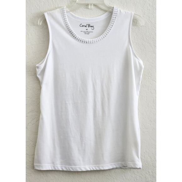 TOP/BLOUSE-CORAL BAY-White-Sleeveless-Rhinestones At Neckline-Size MED - Picture 1 of 10
